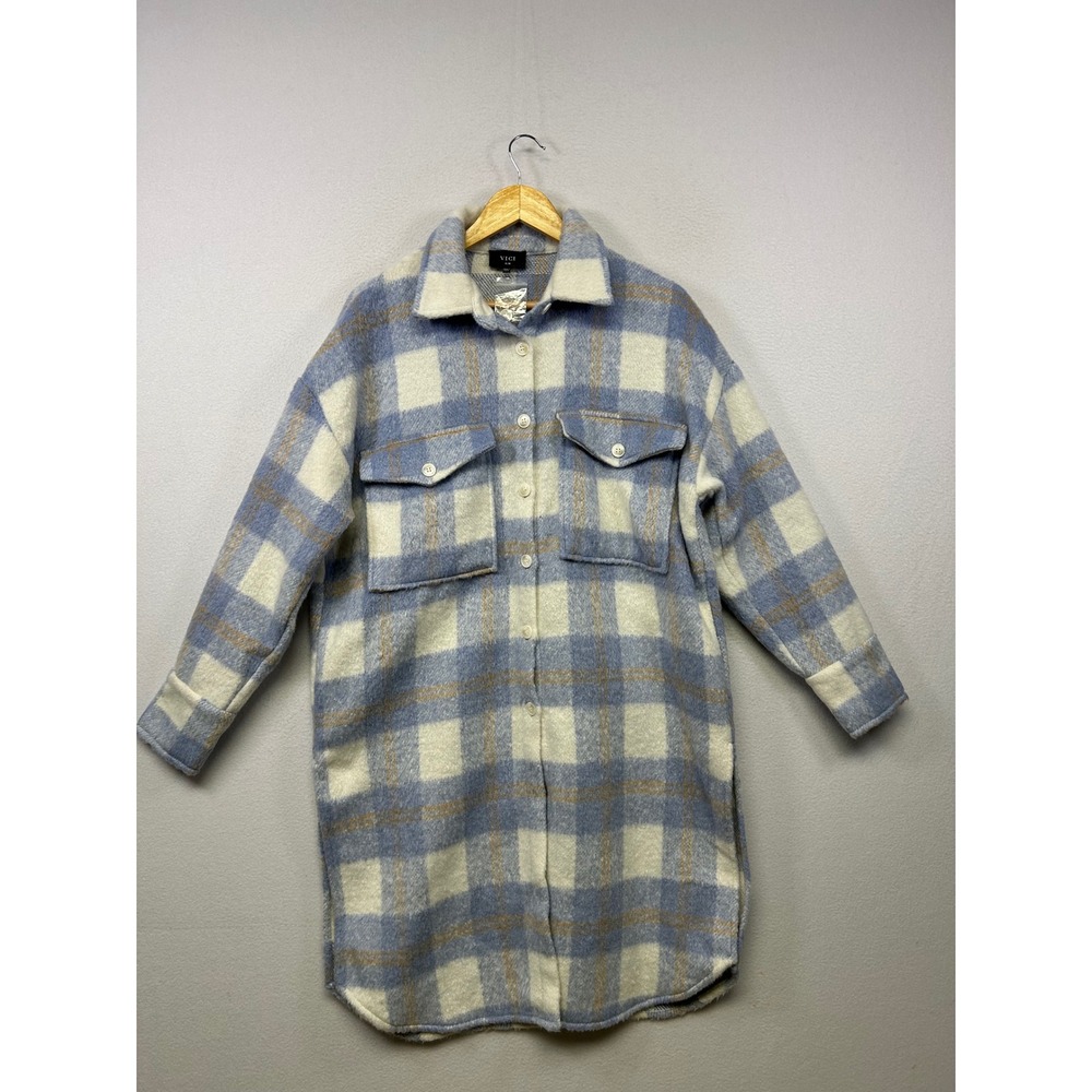VICI Plaid Oversized Shacket Womens S/M Blue Longline Wool Blend Button Up Coat